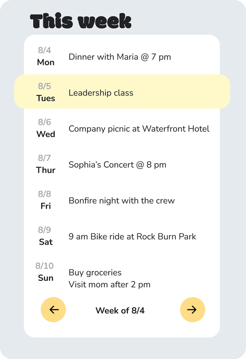 Weekly planner feature in Web & Things showing saved agenda items auto-organized by date.